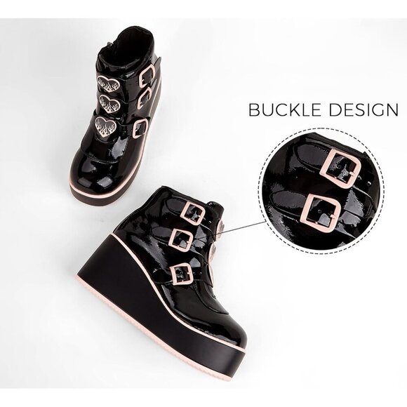 🆕 Goth Platform Chunky Ankle Boots Black Pink PU Wedge Zip Buckle Rave Booties - Picture 3 of 8